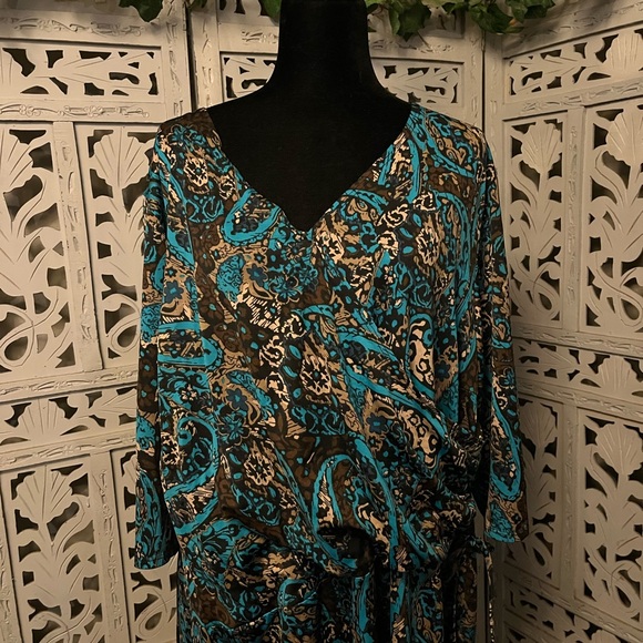 ELEMENTZ EXCELLENT TURQUOISE BLUE & TAN/BROWN SWIRL DESIGN MID SLEEVE MIDI DRESS - Picture 2 of 10